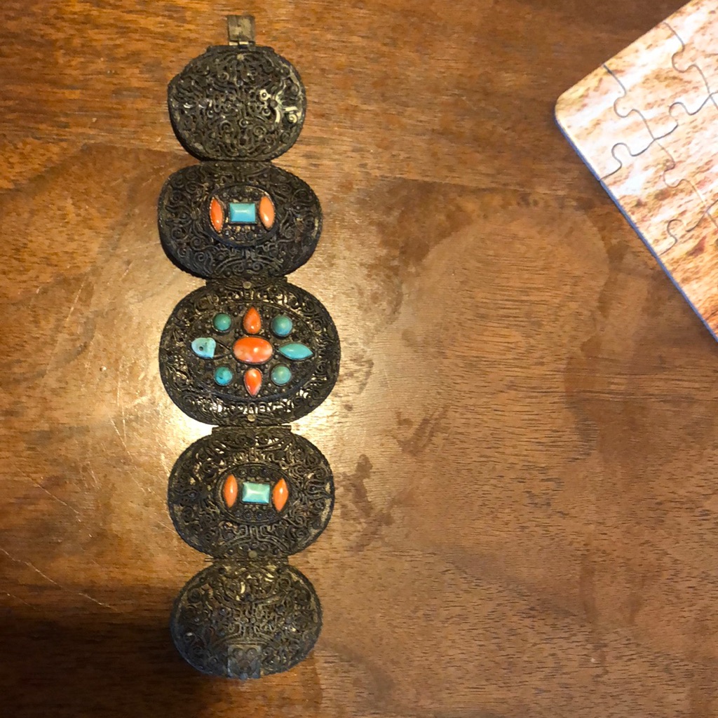 Antique Chinese Silver Turquoise And Coral Filigree Bracelet